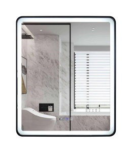 oglindă LED de baie cu ramă din aluminiu, funcție de dezaburire, afișaj digital pentru ceas și termometru, design modern cu colțuri rotunjite