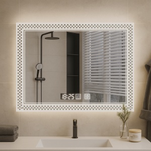 oglindă de baie rectangulară cu rama decorata cu patratele ,cu LED reglabil rece cald neutru, ceas digital și funcție dezaburire