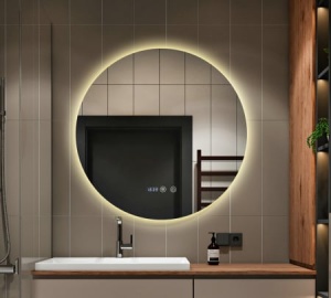 oglindă LED rotunda, moderna,  cu funcție de dezaburire, ceas digital, termometru și trei tipuri de lumină – rece, caldă și neutră