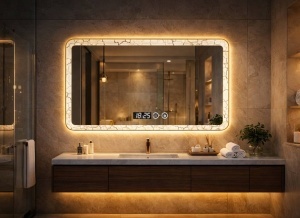 Oglinda LED DECORIALE cu Dezaburire , Ceas si Termometru 80x60cm - "Gleam"