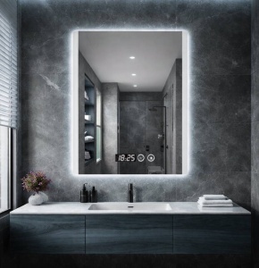 Oglinda baie patrata cu iluminare LED si afisaj digital, design modern minimalist