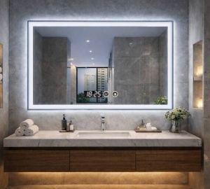 Oglinda baie LED dreptunghiulara cu iluminare si afisaj digital design modern