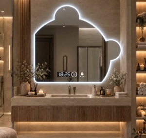 Oglinda baie LED cu forma geometrica, afisaj digital si senzor de miscare
