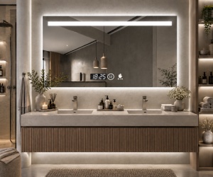 Oglinda moderna pentru baie cu LED, functii smart si senzor de miscare