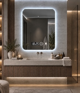 Oglinda moderna pentru baie cu LED, functii smart si senzor de miscare