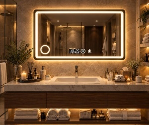 Oglinda LED DECORIALE cu Senzor de Mișcare, Inel pentru Cosmetica, Dezaburire, Ceas și Termometru 90x70cm - "Avelis"