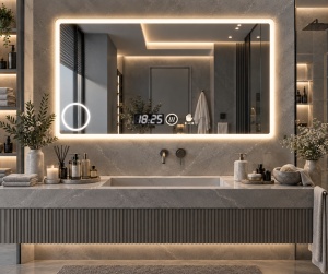 Oglinda LED DECORIALE cu Senzor de Mișcare, Inel pentru Cosmetica, Dezaburire, Ceas și Termometru 80x60cm - "Seviro "