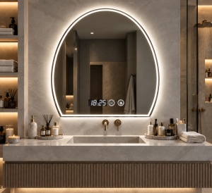 Oglinda baie LED ovala cu baza dreapta, afisaj digital si buton touch, design modern