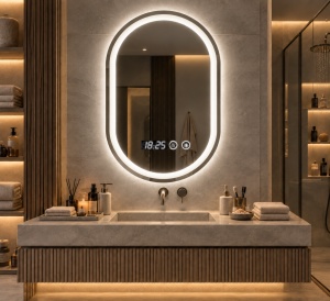 Oglinda baie LED ovala verticala cu afisaj digital si buton touch, design modern
