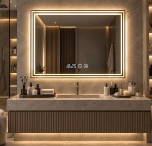 Oglinda LED Touch DECORIALE cu Dezaburire , Ceas si Termometru 80x60cm - "Cersen"