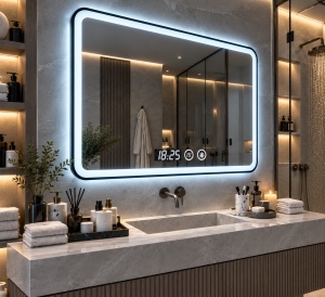 Oglinda smart dreptunghiulara cu rama neagra, ceas digital si buton touch