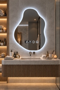 Oglinda baie LED cu forma organica, afisaj digital si buton touch, design modern