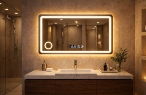 Oglinda LED Touch DECORIALE cu Dezaburire , Ceas , Termometru si Inel pentru Cosmetica 90x70cm - "Mirona"