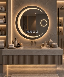 Oglinda LED Touch DECORIALE cu Inel pentru Cosmetica, Dezaburire , Ceas si Termometru 70cm - "Risan"