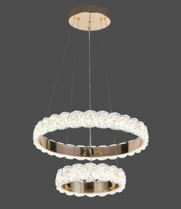 Lustră LED suspendată cu două cercuri și finisaj auriu, iluminat modern pentru interior