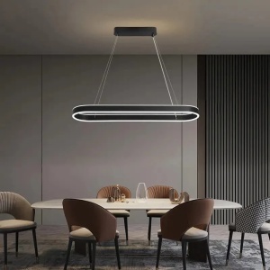 Lustră LED suspendată neagră, formă ovală modernă cu iluminare continuă
