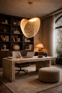 Pendul modern cu design sculptural din linii curbe aurii, ideal pentru iluminat decorativ în spații contemporane