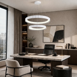 Lustră LED suspendată modernă cu două inele luminoase ondulate, finisaj alb și design contemporan, ideală pentru iluminat decorativ în living, dining sau spații elegante