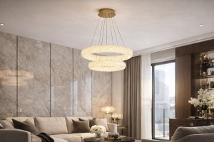 Candelabru LED modern cu două inele luminoase din cristale, suspendat pe cabluri ajustabile și finisaj elegant metalic