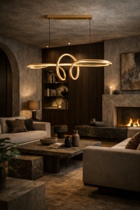 Lustră modernă LED aurie pentru dining, design ondulat contemporan, iluminat suspendat elegant pentru sufragerie sau bucătărie