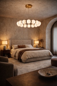 Lustră elegantă cu globuri opal suspendată de tavan, finisaj auriu, iluminând un dormitor clasic decorat în tonuri calde, ideală pentru amenajări sofisticate și ambient relaxant