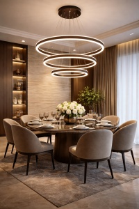 Lustră modernă LED cu cercuri suspendate, iluminat decorativ reglabil pentru living elegant, design contemporan cu inele luminoase