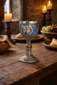 Pocal medieval cu emblemă lup si finisaj argintiu