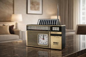 Radio retro portabil cu ceas analogic, panou solar și antenă telescopică, radio FM AM SW pentru interior și exterior