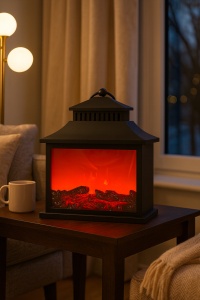 Șemineu decorativ electric tip lanternă, carcasă neagră cu efect de foc 3D, ideal pentru living sau dormitor