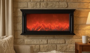 șemineu decorativ electric negru modern, montabil pe perete și utilizabil de masă