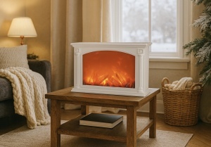Șemineu decorativ electric cu efect de flăcări, rama albă cu coloane, decor elegant pentru interior