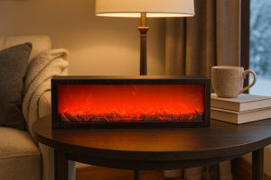 Șemineu electric panoramic cu ramă maro și efect de flacără roșie, ideal pentru living modern sau sufragerie