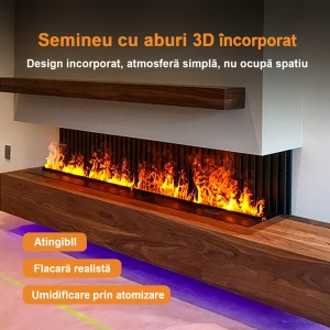 șemineu electric cu flăcări 3D din abur, telecomandă multicolor, încălzire și afișaj LCD incorporabil din oțel