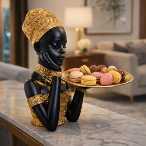 Statuetă africană decorativă cu suport, figură feminină elegantă cu tavă pentru obiecte mici, chei sau bijuterii
