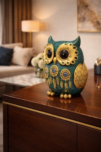 Statuetă bufniță decorativă turcoaz cu detalii aurii și ochi mari, simbol al înțelepciunii și protecției