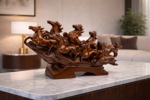 Statuetă decorativă cu șapte cai în galop, simbol Feng Shui al succesului și prosperității
