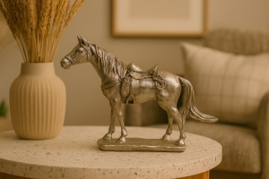 figurină decorativă cal argintiu, detaliat sculptat, cu șa, simbol al forței și libertății