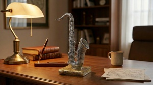 Statueta decorativa saxofon argintiu pe suport, figurina muzicala eleganta pentru birou