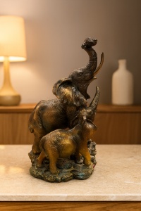 Statuetă decorativă familie de elefanți, finisaj bronz antichizat, simbol al protecției și norocului