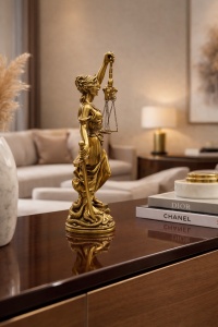 Statuetă aurie Doamna Justiție, simbol al adevărului și dreptății