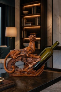 Statuetă panteră sculptată în lemn rezin, suport pentru vin