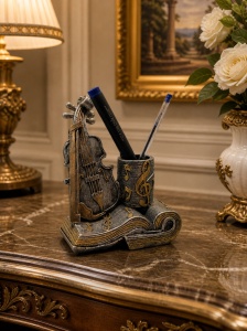 Suport decorativ pentru pixuri cu harpa si carte, accesoriu elegant pentru birou