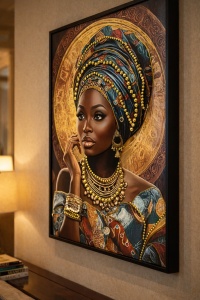 Tablou cu femeie africana purtand turban colorat si accesorii aurii, decor modern pentru living
