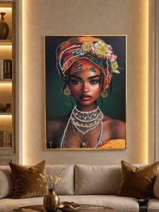 Tablou decorativ cu portret de femeie africana, turban colorat si bijuterii elegante