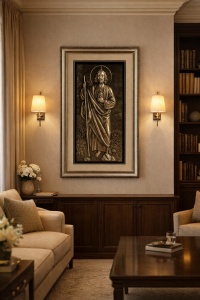 Tablou cu Iisus Hristos în relief argintiu, cu ramă decorativă aurie, decor religios pentru perete