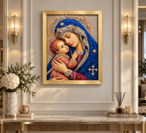 Tablou Maica Domnului cu Pruncul Iisus Hristos cu Pietricele 40x30cm - Gold - Img 2