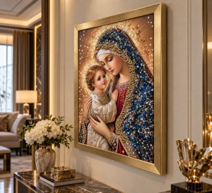 Tablou Maica Domnului cu Pruncul Iisus Hristos cu Pietricele 40x30cm - Gold - Img 3