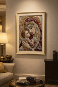 Tablou Maica Domnului cu Pruncul Iisus Hristos cu Pietricele si Sclipici 72x52cm