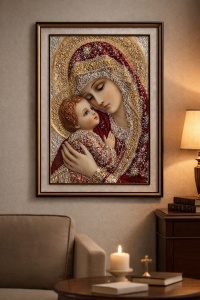 Tablou Maica Domnului cu Pruncul Iisus Hristos cu Pietricele si Sclipici 72x52cm