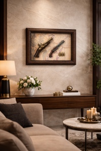 tablou vintage cu pistoale decorative și gloanțe